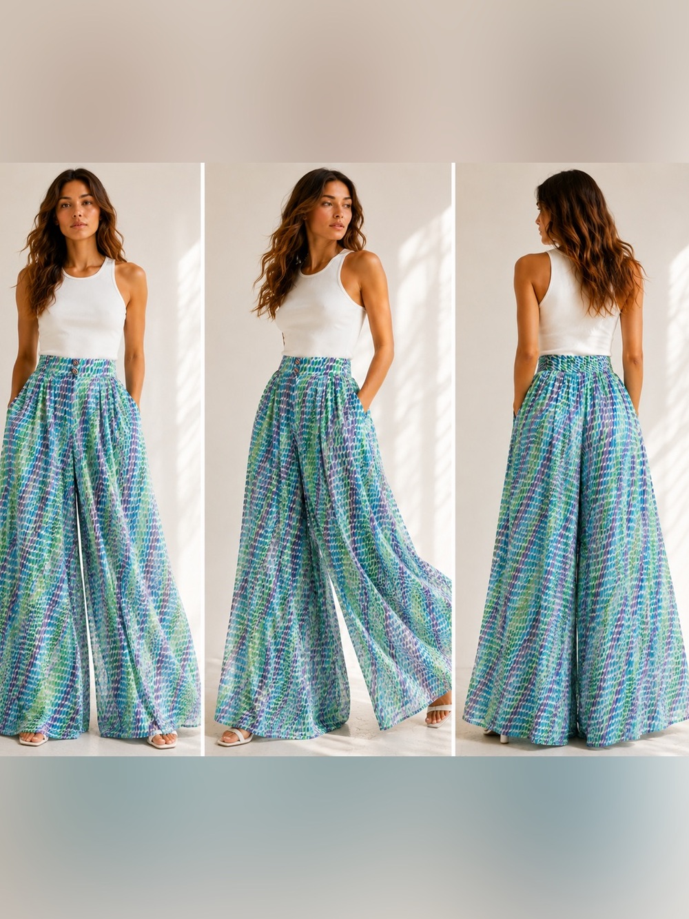 PIN-UP Stars Italy 100% Cotton Wide Leg Palazzo Pants Women’s L High Rise Geomet